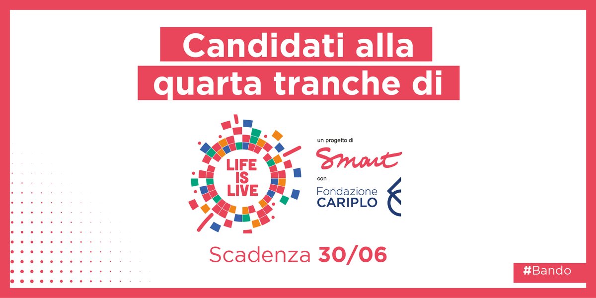 Manca solo una settimana alla scadenza della quarta tranche del Bando #LifeisLive, che fino ad ora ha già finanziato 36 progetti culturali! Non perdere  questa occasione: invia la tua candidatura entro venerdì 30 giugno a questa pagina smart-it.org/life-is-live/i…