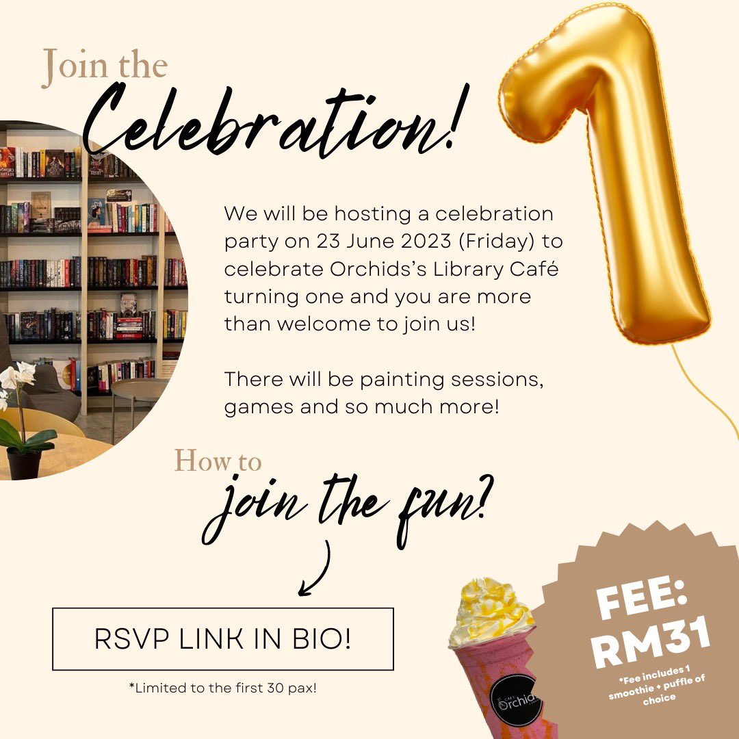 Orchids Library Cafe Turns 1 This Friday!! Since it's Friday Prayers, the Party will start around 5PM or 5:30pm. Kita tunggu orang sampai dulu🤍 See you guys!! 🥹 
•
RSVP LINK. : forms.gle/SFtbvn5pYheNm6…