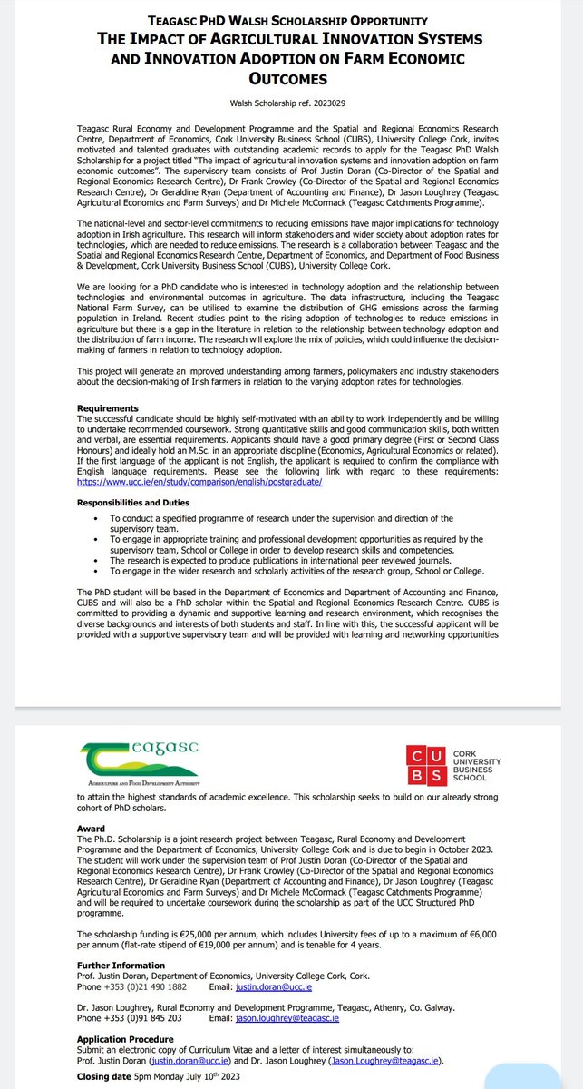 Teagasc PhD Walsh Scholarship opporty on 'The Impact of Agricultural Innovation Systems and Innovation Adoption on Farm Economic Outcomes' **closing date for application 10th July** with Jason Loughrey @teagasc @justin_doran @frankgcrowley @g_gryan @CUBSucc details 👇👇👇👇