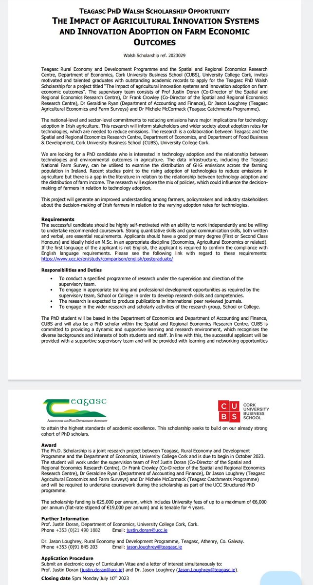 Spatial and Regional Economic Research Centre (@srerc_ucc) on Twitter photo Teagasc PhD Walsh Scholarship opporty on 'The Impact of Agricultural Innovation Systems and Innovation Adoption on Farm Economic Outcomes' **closing date for application 10th July** with Jason Loughrey <a href="/teagasc/">Teagasc</a> <a href="/justin_doran/">Justin Doran</a> <a href="/frankgcrowley/">Frank Crowley</a> <a href="/g_gryan/">Geraldine Ryan</a> <a href="/CUBSucc/">Cork University Business School (CUBS)</a> details 👇👇👇👇 Teagasc PhD Walsh Scholarship opporty on 'The Impact of Agricultural Innovation Systems and Innovation Adoption on Farm Economic Outcomes' **closing date for application 10th July** with Jason Loughrey <a href="/teagasc/">Teagasc</a> <a href="/justin_doran/">Justin Doran</a> <a href="/frankgcrowley/">Frank Crowley</a> <a href="/g_gryan/">Geraldine Ryan</a> <a href="/CUBSucc/">Cork University Business School (CUBS)</a> details 👇👇👇👇
