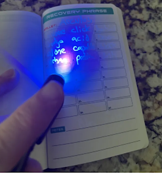 Security tip: Store part of your crypto key in invisible ink.