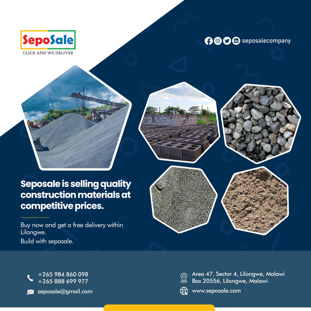 Get cement blocks, river sand, quarry stone, quarry dust, pebble stone and cement from Seposale. You Just click and we deliver 
#Seposale
#Buildingbetter