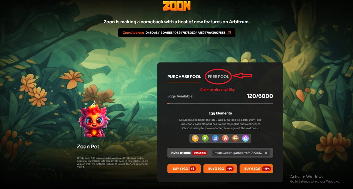 cryptoman6789's tweet image. 🎁Dự án gamefi đình đám #CryptoZoon comeback trên #Arbitrum.
✅Dự án đang mở bán trứng và claim #Free 1 trứng với ví trúng #Airdrop ARB
1/ Link mua trứng:zoon.games/?ref=0x9d886A3…
2/Link claim Airdrops: Ae chuyển qua Free Fool
3/Claim xong ae vào Inventory đập trứng nhé😂