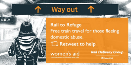 Did you know?

👩‍👦 Since April 2020, an average of four survivors a day have travelled to safety using our Rail to Refuge initiative.

👍 Britain’s train companies provide this vital service, in partnership with <a href="/womensaid/">Women's Aid</a>.