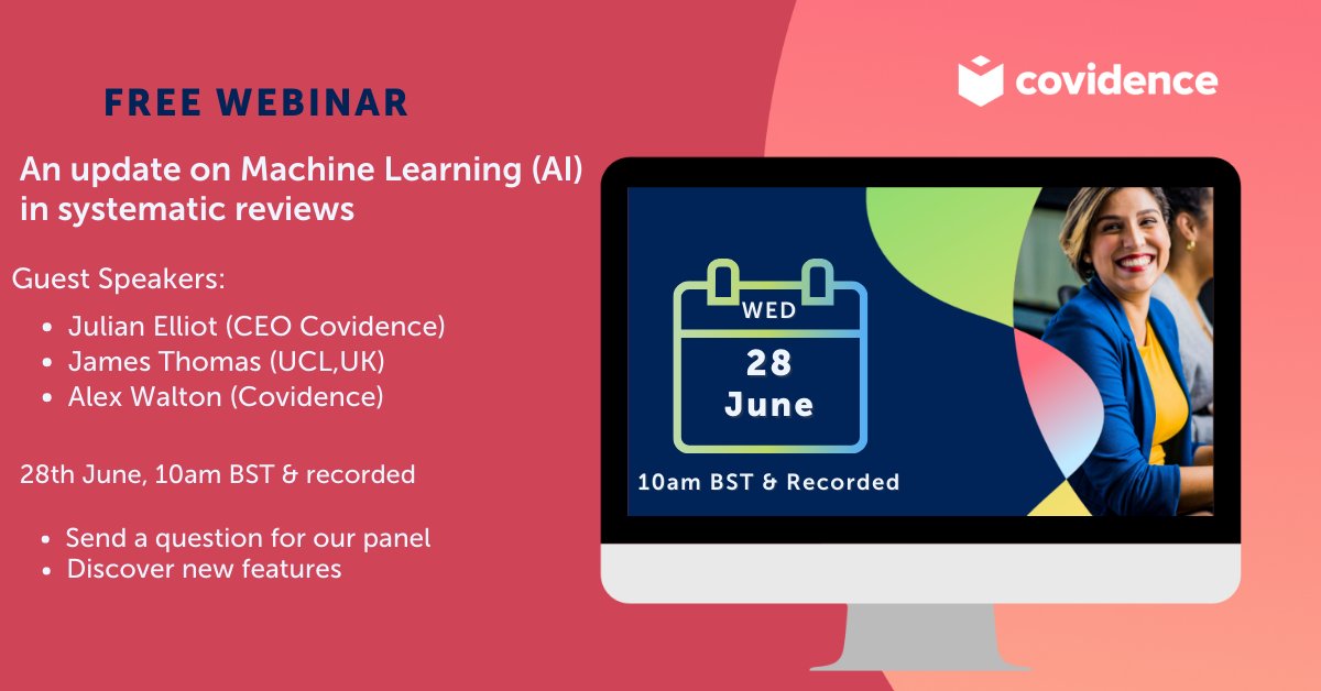 Exciting News! Join us next week for our free webinar on 28th June at 10am BST! Learn about AI in Systematic Reviews, explore new features, and gain insights from our experts. Plus, you can submit your questions for an interactive session. Register now at//bit.ly/3qfC8yn