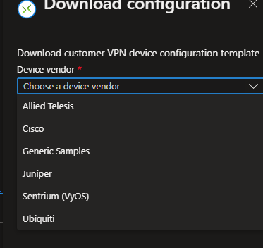 SanjeewaPathi's tweet photo. Hey @AzureSupport ,
I am trying to download a configuration script for my on-prem VPN device (Check Point R80.40). I cannot see the 'Check Point' device in the list? What am I doing wrong here? https://t.co/4QXLZrIFyO