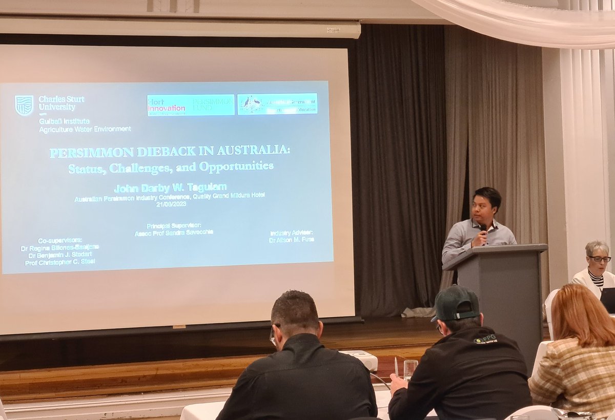 Fantastic presentation today at the Australian #Persimmon Industry Conference by our <a href="/Gulbali_Inst/">Gulbali Institute</a> <a href="/CharlesSturtUni/">Charles Sturt University</a> PhD student, Darby. Unravelling limiting factors to sustainable production. We love problem solving together with industry. <a href="/Hort_Au/">Hort Innovation</a>