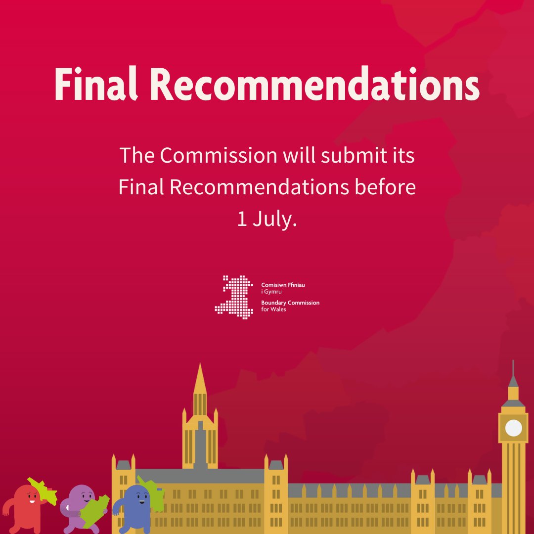 BCommWales's tweet photo. It's time to begin the countdown... ⌛️

The Final Recommendations will be submitted to the @CommonsSpeaker by 1 July. 🗓️

The report will then be laid before Parliament and the Final Recommendations will take effect from the next scheduled General Election. 📕 https://t.co/qlKDvmfXV1