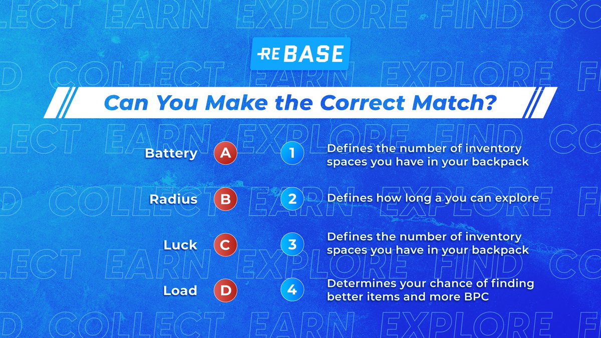 REBASEgg's tweet image. GM! Let's play a quick game 💙

Participate by matching correct answers, Win up to $100 USDT😜

✅ Like, RT &amp;amp; Tag 3 Friends 📷
✅ Comment the correct matches

Drawing 5 lucky winners #Rebase