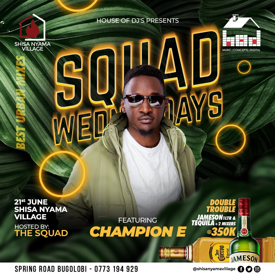 Ready to turn your evening into a legendary night out?😉

Join us with the incredible <a href="/deejaybugy/">Dj Bugy</a> &amp;
<a href="/DeejaySimonUg/">Deejay Simon Ug</a>, @EL_underated and <a href="/Champion_E/">Donald Champion</a>.

Get your groove on, make new memories, and let the music take you to the moon! 🎶✨

#SquadWednesdays