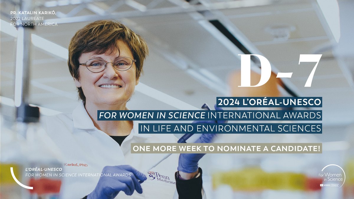There's only one week left (June 28, 2023) to nominate candidates for the 2024 L'Oréal-<a href="/UNESCO/">UNESCO 🏛️ #Education #Sciences #Culture 🇺🇳</a> #ForWomenInScience International Awards!

Five laureates will be selected by an international jury for their tremendous contribution to scientific advancement 👉 forwomeninscience.com/challenge/show…