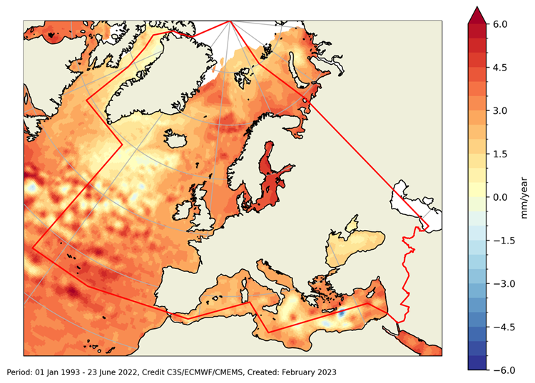 La tasa de aumento del nivel medio del mar a escala mundial se ha duplicado entre el primer decenio del registro satelital (1993-2002, 2,27 mm/año) y el último (2013-2022, 4,62 mm/año). En Europa se ha incrementado 2–4 mm/año en algunas zonas. public.wmo.int/en/our-mandate…
