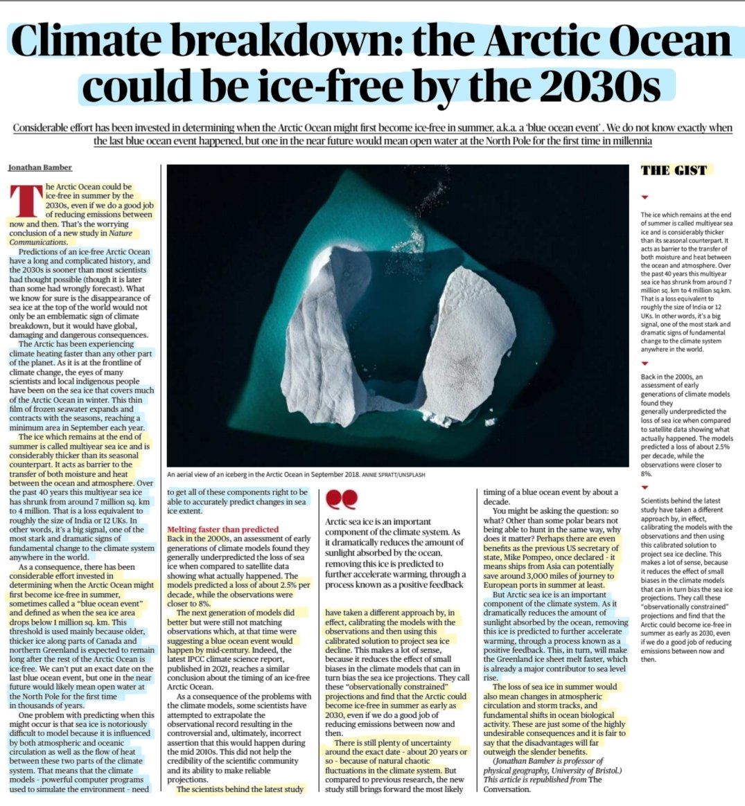 imRavikantYadav's tweet photo. 'Climate Breakdown: The Arctic Ocean could be Ice-free by the 2030s'
Recent Study- details by Mr Jonathan Bamber @jlbamber
#climate #ClimateEmergency #GlobalWarming #Arctic #Meltdown #PositiveFeedback #BlueOceanEvent
#ClimateAction
#UPSC #UPSC2023 #UPSC2024
Source: TH https://t.co/I2AcjV4VQs