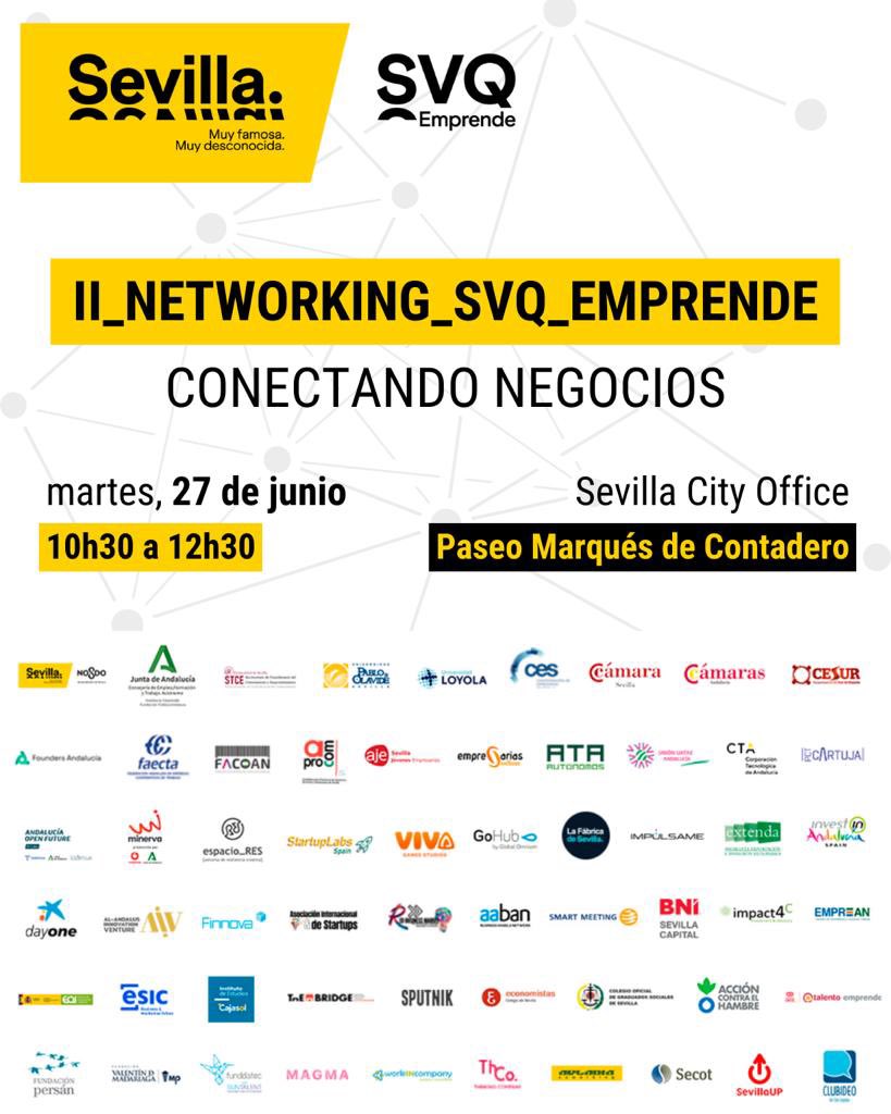 📣Apúntate ya al “II Networking SVQ” de <a href="/SVQ_Emprende/">SVQEmprende | Sevilla Ecosistema Startup & I+D+i</a> 

Un evento abierto a tod@s l@s empresari@s y profesionales que quieran participar.

📅27 de junio
⏰10:30-12:30h 
📍Bajos de Marques de Contadero, #Sevilla
🔗Más info, agenda e inscripción gratuita: ricardovieira.es/?fluent-form=18
