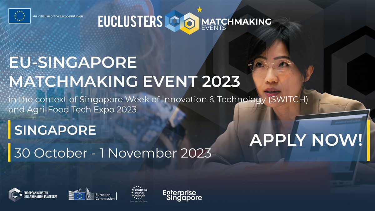 Join the EU-Singapore #ECCPMatchmaking Event 2023 & connect with Singapore's vibrant economy! 🇸🇬

🗓️ 30 Oct - 1 Nov

A hub for trade, services, high-tech farming & more, Singapore is the perfect place for EU & COSME SMEs & clusters to expand. Apply now!
✍️ clustercollaboration.eu/content/eu-sin…