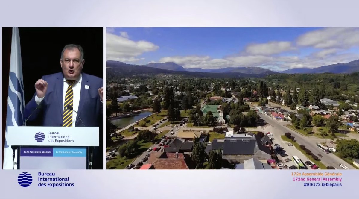 Presenting Argentina's candidature to host Specialised Expo 2027/28 in Bariloche, the mayor <a href="/GennusoG/">Gustavo Gennuso</a> indicates that “the union between Nature &amp; Technology is part of Bariloche's DNA…we are a city that was born and developed with contributions from other cultures" #BIE172