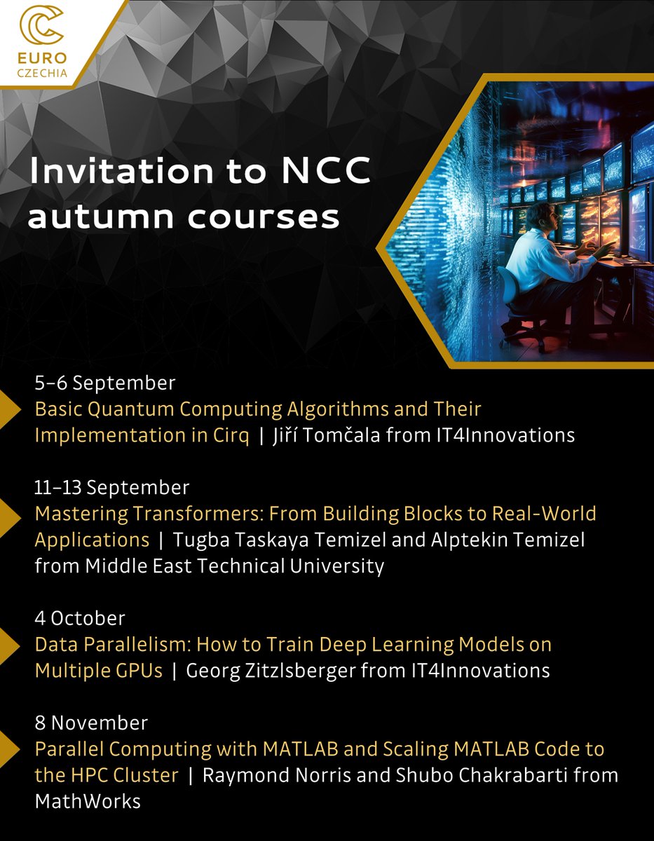 💡 Invitation to @EuroCC_Czechia courses in autumn:  

→ Basic #QuantumComputing.. events.it4i.cz/event/188/ 

→ Mastering Transformers.. events.it4i.cz/event/191/   

→ #DataParallelism..  events.it4i.cz/event/195/ 

→ #ParallelComputing with #MATLAB.. events.it4i.cz/event/193/