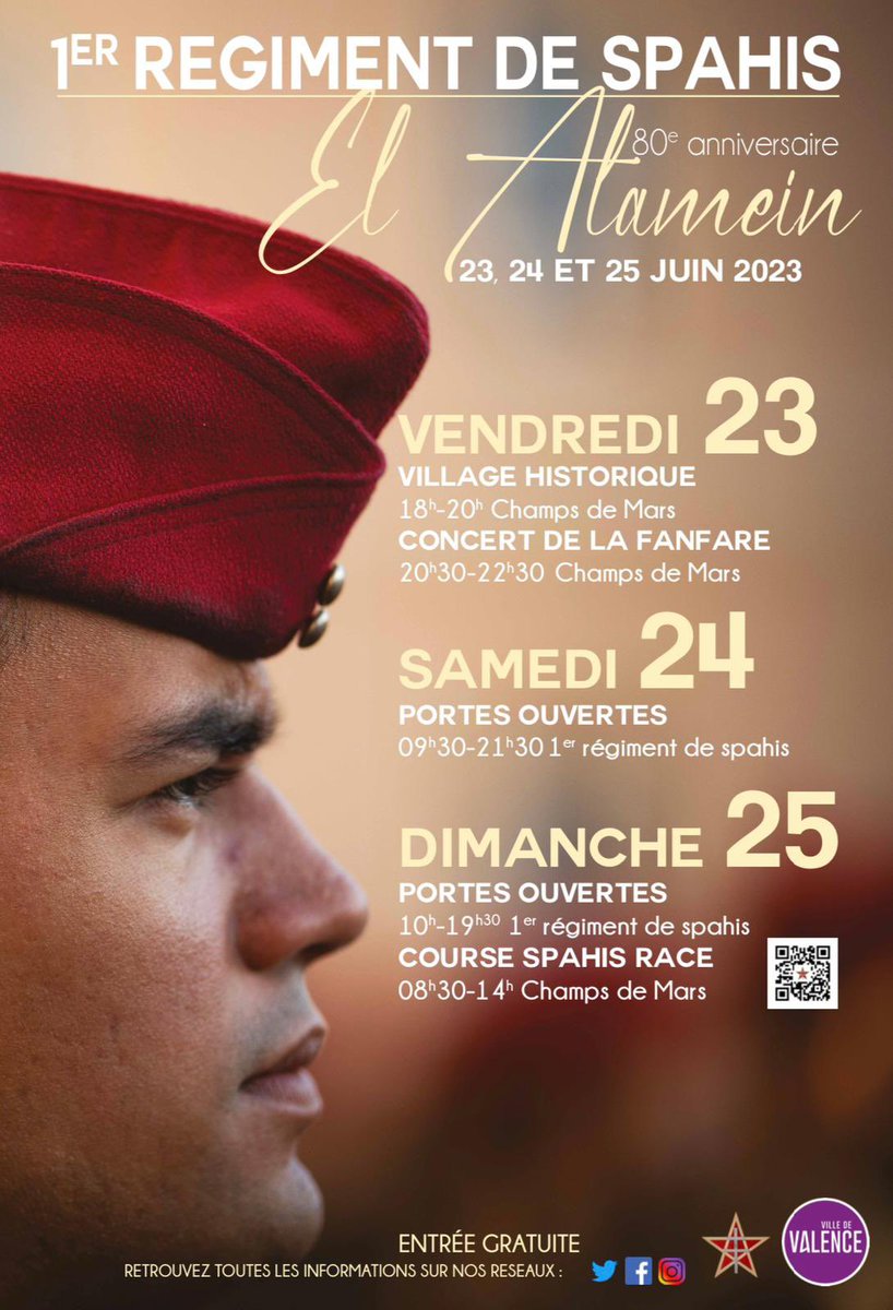 1erSpahis's tweet image. Journées portes ouvertes au #Spahis, c’est ce week-end, à commencer par la reconstitution historique de la campagne d’El Alamein sur le champ de Mars, à Valence, suivi d’un concert de fanfares militaires.
Inscrivez vous au trail urbain de dimanche aussi !
#AvecNosBlessés