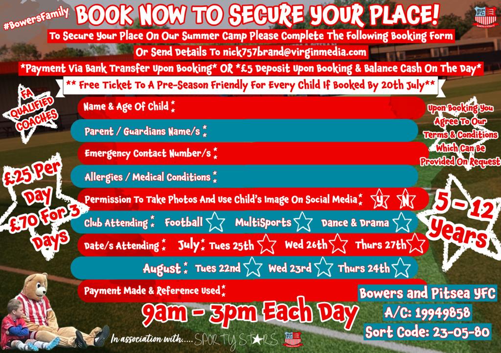 So while <a href="/Tim_Green_89/">TimGreen89</a> works on his playlists for next season... We told you to keep an eye out.... And now here it is
BOWERS &amp; PITSEA SUMMER CAMP 2023! 
Also, for each child you sign up, you will get a free ticket to a pre-season fixture, if you book by 20th July 
#UpTheBowers