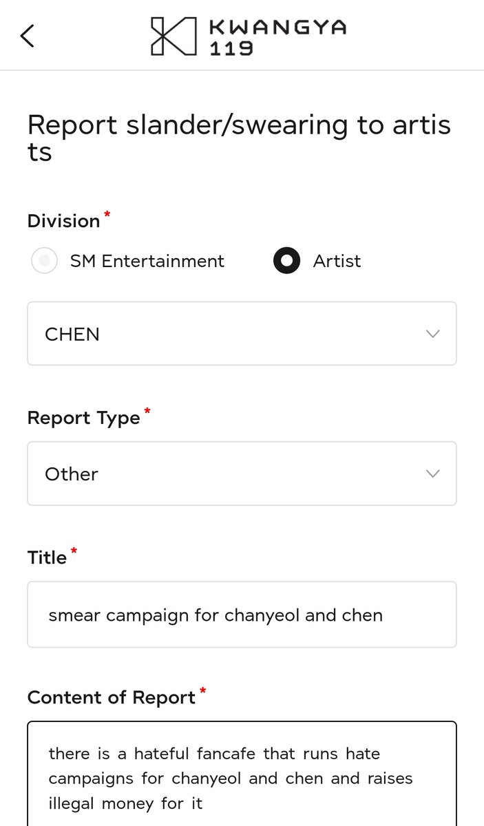 tbestJD's tweet photo. how to report jongdae antis in kwangya119 a thread
-first of all you must sign up for login
-and then click report artist defamation case
-you can use chen and exo for artist
- must copy url the hate twit screenshot the hateful user acc
lets do it together for CHEN🙏🏻 https://t.co/imV7NRbT9c