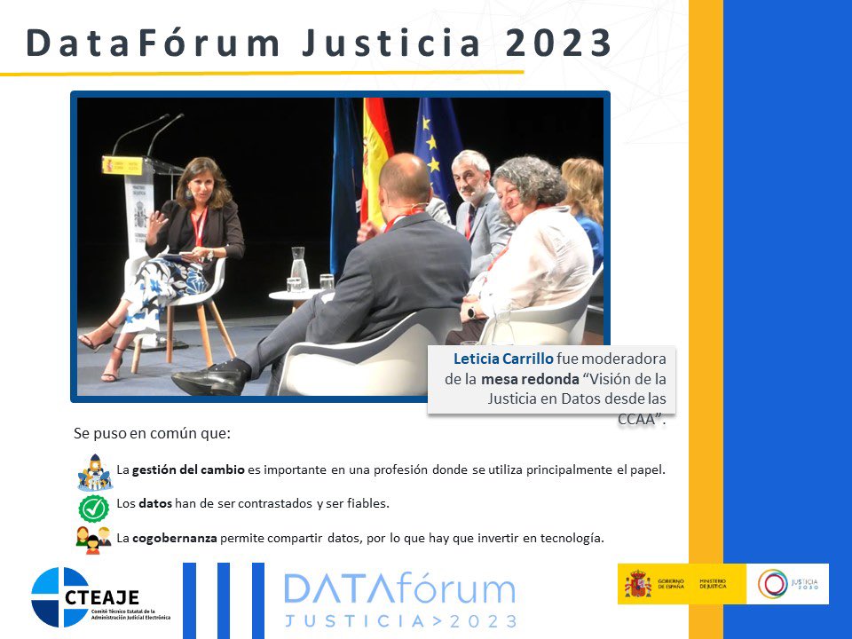 CTEAJE's tweet image. Leticia Carrillo, Secretaría General del @CTEAJE intervino en #DataFórum2023 organizado por @justiciagob y @GobAsturias moderando una mesa redonda sobre la visión de la Justicia en Datos desde las CCAA 📊

Aquí puedes ver todas las ponencias👇

youtube.com/@MinisteriodeJ…