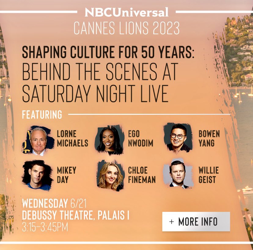 alisonmathers's tweet photo. Today’s the Day! Join the @NBCUniversal team at @Cannes_Lions and go behind the scenes of Saturday Night Live with Lorne Michaels! 

#NBCUCannesLions2023  #SNL  @nbcsnl https://t.co/0GxHquLpqR