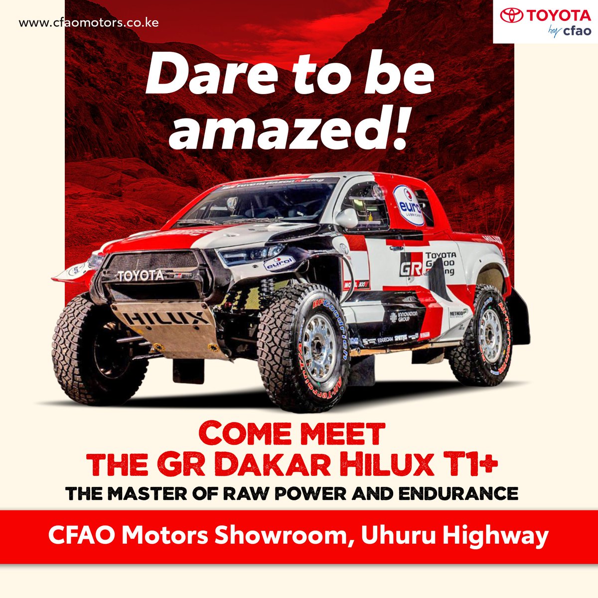 Witness this all conquering Dakar Rally winner and current W2RC World Rally Raid Champion at the CFAO Motors Uhuru Highway Showroom today and also, on display at the #WRCSafariRally this weekend!

#SafariRallyKenya #ToyotaGAZOORacing #CFAOMotorsDrivesKenya #DakarHilux #WRC