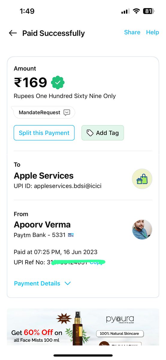 'Hey @YouTubeIndia, I prchsed a ₹169 uTube Premium sbscription on June 15th via UPI mandate as an iOS usr. Money deductd, but no sbscription rceivd. Not in Apple purchase history, and @Paytm UPI customer service isn't hlping. Please assist! 🙏 #YouTubePremium #SubscriptionIssue'