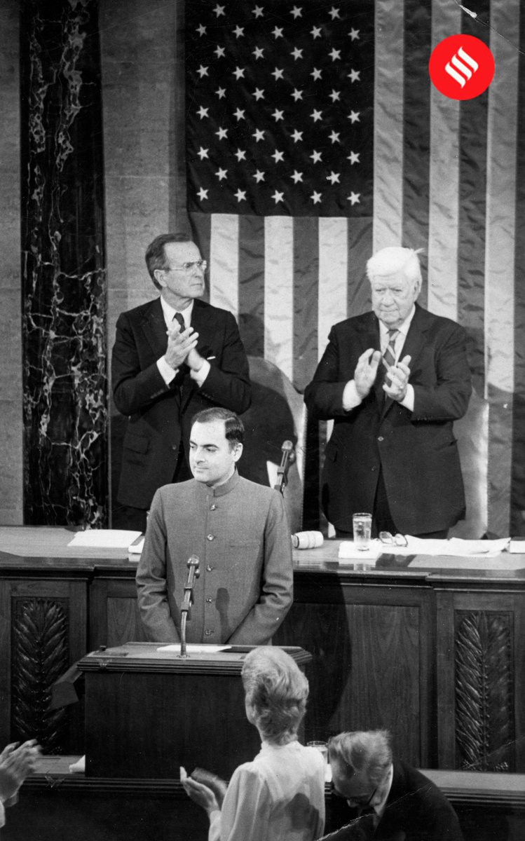 June 13, 1985: Prime Minister Rajiv Gandhi becomes the first Indian PM to address the joint session of the US Congress in Washington.

The Vice President of the USA, George H. W. Bush, and the Speaker of the House, Thomas P. O'Neil, are also seen in the picture.

#ExpressArchives