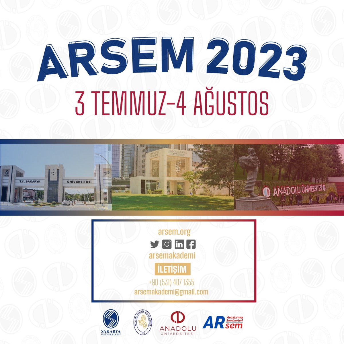 Anadolu_Univ's tweet photo. Sakarya Üniversitesi, Anadolu Üniversitesi ve İstanbul Teknik Üniversitesi iş birliğiyle 3 Temmuz – 4 Ağustos 2023 tarihleri arasında düzenlenecek olan, ARSEM 2023-Yaz seminerleri hakkında detaylı bilgi için https://t.co/M2v18X9bBX
#AnadoluÜniversitesi #ARSEM https://t.co/Ewu8sWWizA