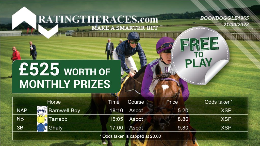 My #RTRNaps are:

Barnwell Boy @ 18:10
Tarrabb @ 15:05
Ghaly @ 17:00

Sponsored by @RatingTheRaces - Enter for FREE here: bit.ly/NapCompFreeEnt…