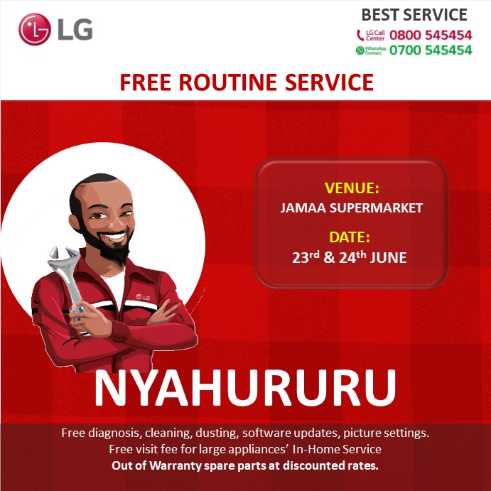 Nyahururu, our Care Bus will be packed at Jamaa supermarket, Nyahururu from the 23rd to the 24th of June.

Bring your LG appliances to enjoy free routine service.
Reach out to us here on WhatsApp chat: +254 (0) 700545454 or call our Toll-free line: 0800 545 454