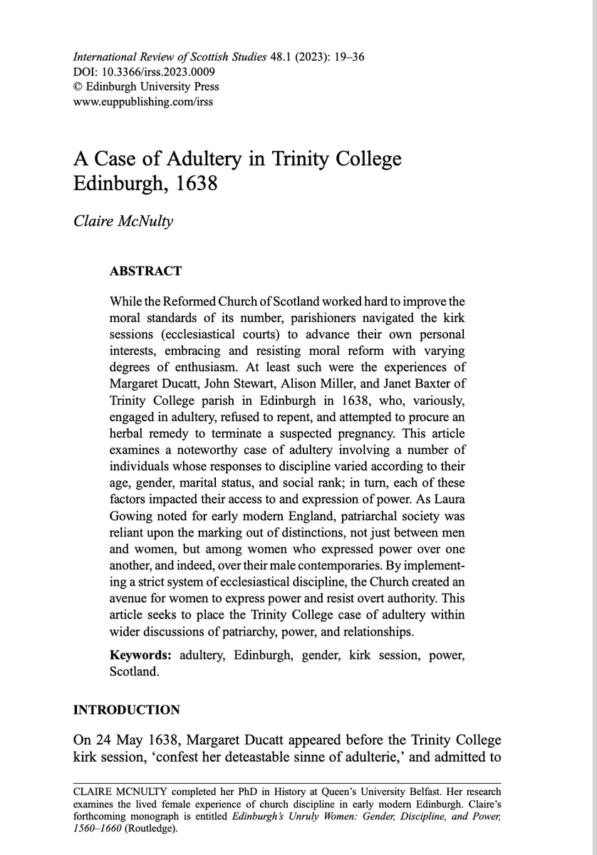 DrClaireMcNulty's tweet photo. It's here! My article on 'A Case of Adultery in Trinity College Edinburgh, 1638'. Thanks to the #ScotHist folk for your #reformazing help! @Chris_R_Langley @DrRussellNewton @MikkiBrock @kiritekatawa  @oldscotbooks @FunkyPlaid @estaitis @Allan_D_Kennedy @Lownes_Theifis @rmason717 https://t.co/mgiqtmOPDD