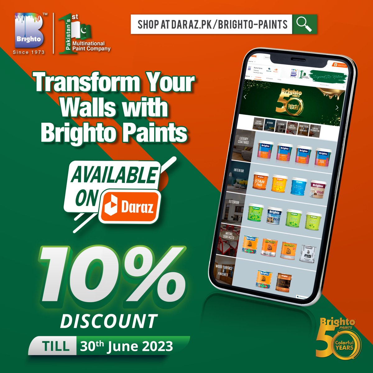 Offer is valid till 30th June 2023 Shop Online: daraz.pk/shop/brighto-p… #BrightoPaints #Brightoturns50 #BrightoGroup #Since1973 #InspiredByNature #Darazpk #FreeShipping #Discount #Offer