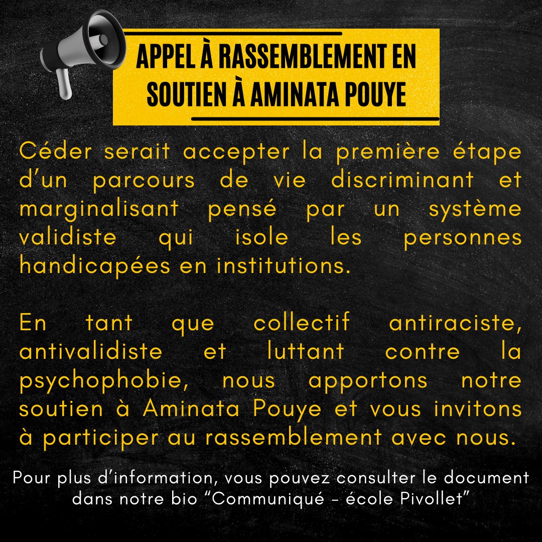 [APPEL A RASSEMBLEMENT - JEUDI 22 JUIN à 9H DEVANT LE MINISTÈRE DE LA SANTÉ]

Queer Racisé·e·s Autonomes appelle à rejoindre le rassemblement en soutien à Aminata Pouye qui se bat pour que sa fille autiste, Méïra, puisse poursuivre sa scolarité en milieu ordinaire.