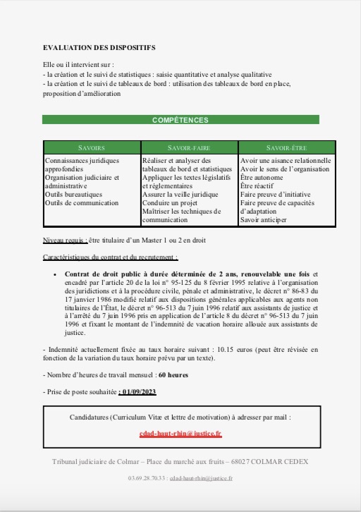 CDAD68 (@cdad_68) on Twitter photo Venez rejoindre le CDAD 68 !
❓ Poste : assistant de justice
📍Tribunal judiciaire de Colmar
🕐 60h/mois
📝 Mission : mise en oeuvre locale de la politique nationale d'accès au droit
✔️ Condition : être titulaire d'un master 1 ou 2 en droit
Contact : cdad-haut-rhin@justice.fr Venez rejoindre le CDAD 68 !
❓ Poste : assistant de justice
📍Tribunal judiciaire de Colmar
🕐 60h/mois
📝 Mission : mise en oeuvre locale de la politique nationale d'accès au droit
✔️ Condition : être titulaire d'un master 1 ou 2 en droit
Contact : cdad-haut-rhin@justice.fr