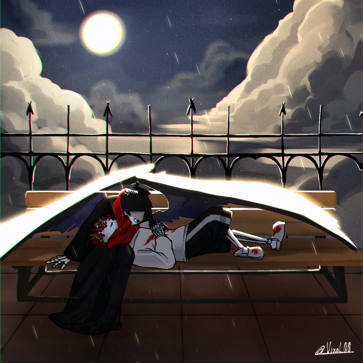 <a href="/snrsnrp/">NOT ACTIVE! on Tumblr</a> 
#snrpy1k
#genosans #reapersans
Sorry for switching the characters, but I really wanted to try drawing reaper with his wings shielding geno from the rain. I hope it doesn't invalidate my entry 😭