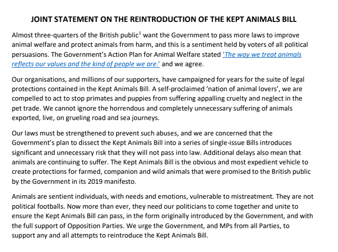This is our statement. Alongside 17 other NGOs we're calling on politicians to unite to ensure the Kept Animals Bill can pass, in the form originally introduced by the Government, and with the full support of Opposition Parties.

#BanLiveExports #OppositionDay