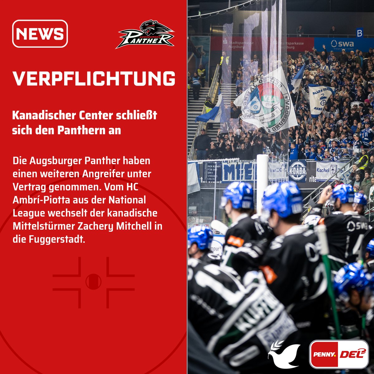 Die @aevpanther haben einen weiteren Angreifer unter Vertrag genommen. Vom HC Ambrí-Piotta aus der National League wechselt der kanadische Mittelstürmer Zachery Mitchell in die Fuggerstadt. #PENNYDEL