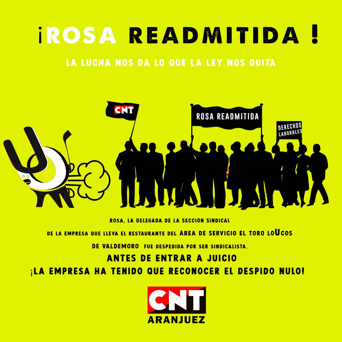 CNT Comarcal Sur Madrid (@cnt_villaverde) on Twitter photo Rosa readmitida!! La empresa ha tenido que reconoce el despido nulo
Victoria sindical de las compañeras de <a href="/CNTAranjuez/">CNT Aranjuez</a>
Otro ejemplo más de que la lucha, la organización y el apoyo mutuo si sirven
#CuentaConCNT Rosa readmitida!! La empresa ha tenido que reconoce el despido nulo
Victoria sindical de las compañeras de <a href="/CNTAranjuez/">CNT Aranjuez</a>
Otro ejemplo más de que la lucha, la organización y el apoyo mutuo si sirven
#CuentaConCNT