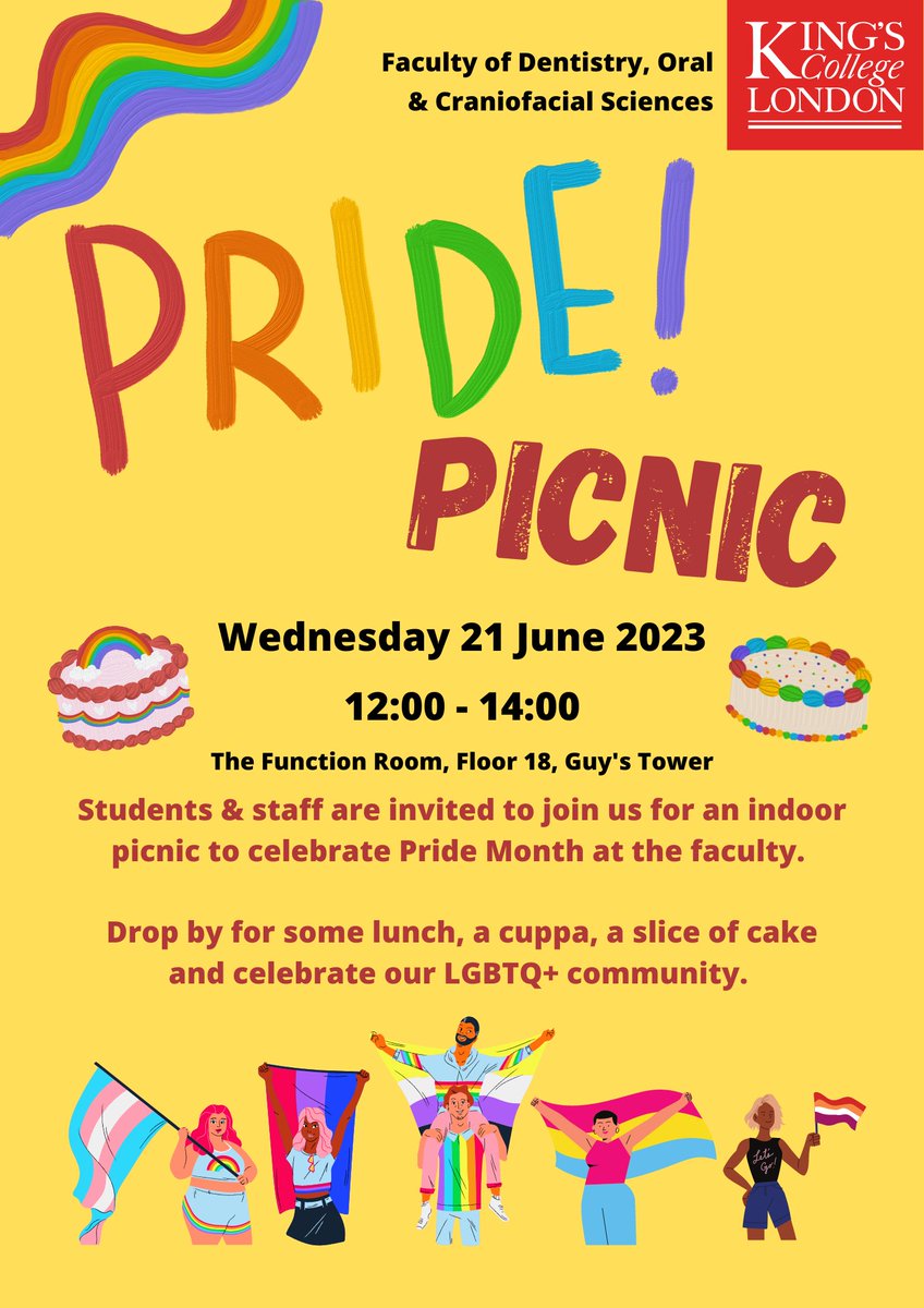 Today @kingsdentistry are hosting a Pride Picnic 🌈 If your on Guy's Campus today drop by for a cuppa, a slice of cake and celebrate all things LGBTQ+ 🏳️‍🌈🏳️‍⚧️ See you there!