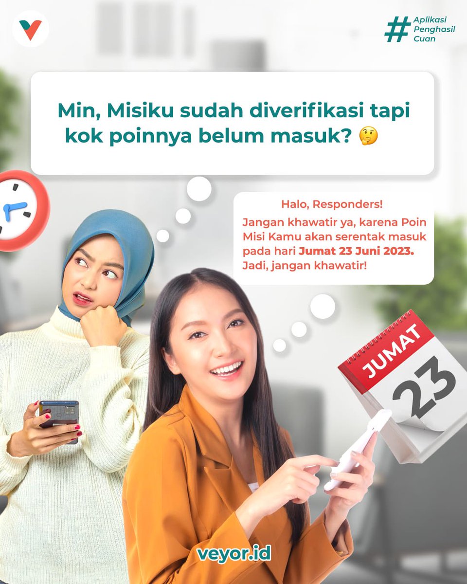 veyorid's tweet photo. Halo, Responders!🥰

Saat ini sistem penarikan poin jadi kolektif nih! Jadi, gak perlu panik ya buat Kamu yang misinya sudah diverifikasi tapi poinnya belum masuk!😉

Hayo, siapa yang misinya sudah lolos tahap verifikasi? Absen di bawah yuk!

#Veyorid #AplikasiPenghasilCuan https://t.co/mPcomh1Nzt