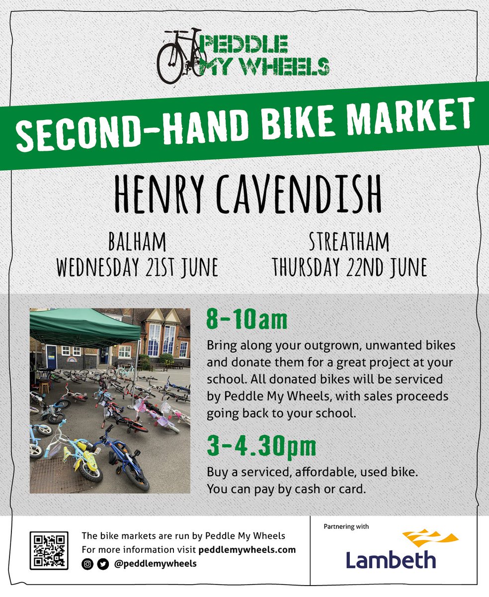 Morning! We’re running two school markets at both Henry Cavendish sites in Lambeth. Our markets are pop up events that give people a chance to donate a bike for the benefit of the school and buy an affordable one to take home. Wonderful! @LBLActiveTravel