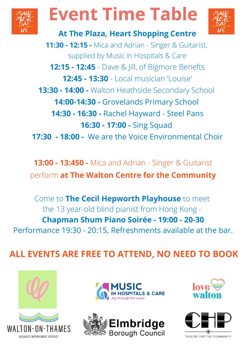 Another of our  'Great Music Places' Walton-on-Thames have a brilliant day of music making ahead.  Starts at 11.30. Head along if you can.  It includes the amazing blind pianist Chapman Shum playing at The Cecil Hepworth Playhouse @welovewalton #waltononthames