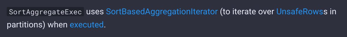 jaceklaskowski's tweet image. 6 days to #DataAISummit 2023 so more updates to The Internals of #SparkSQL and, more importantly, aggregations 💪
Today focusing on the "slowest" aggregate operator SortAggregateExec and SortBasedAggregationIterator 👍
➡️ books.japila.pl/spark-sql-inte…
➡️ books.japila.pl/spark-sql-inte…