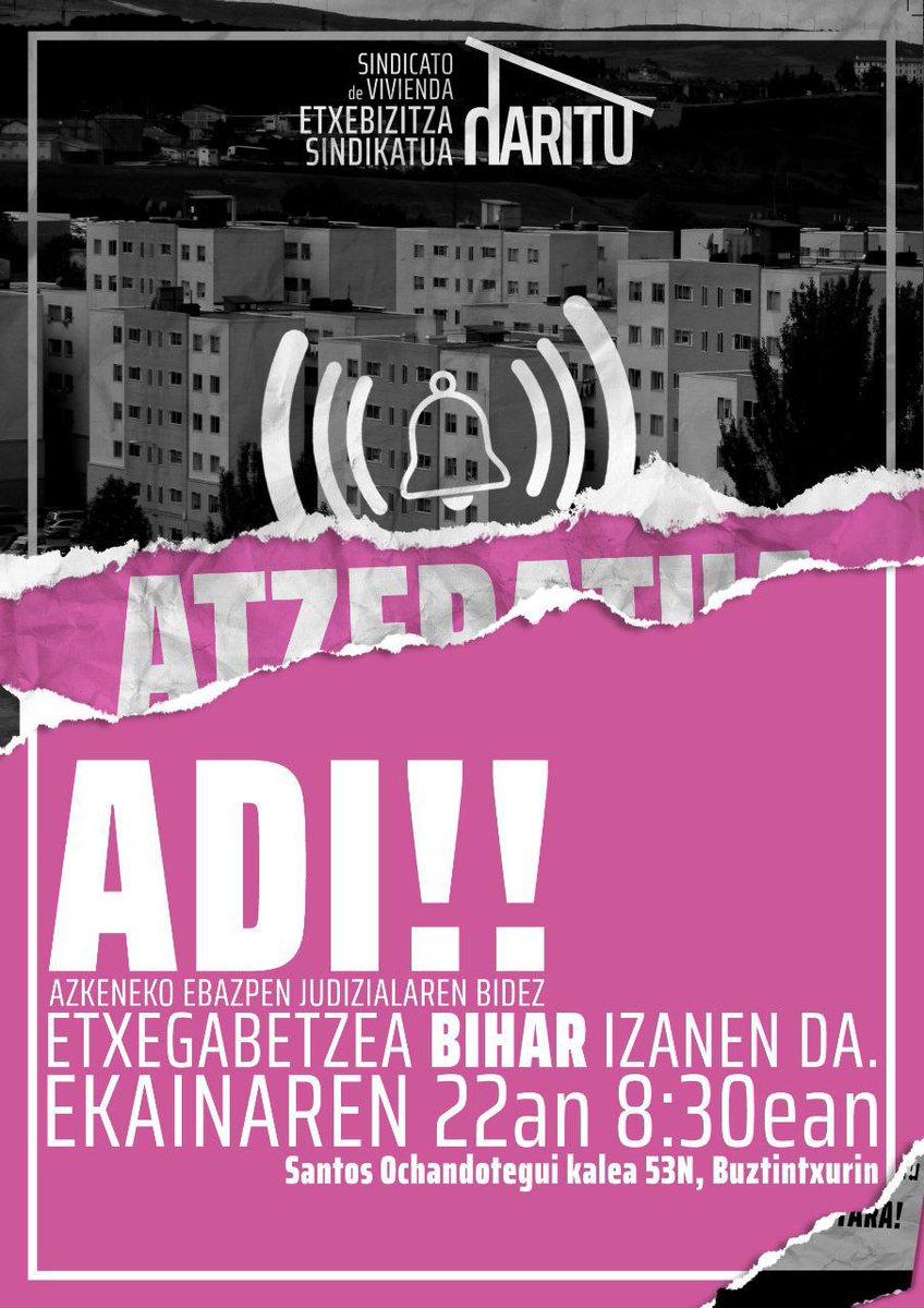 [🔴AZKEN ORDUKOA] ‼️Desahucio en Iruñea‼️ El procedimiento judicial para desahuciar una familia de Buztintxuri con dos menores sigue adelante. ▶️ Mañana jueves a las 8.30 en la calle Santos Otxandotegi 53