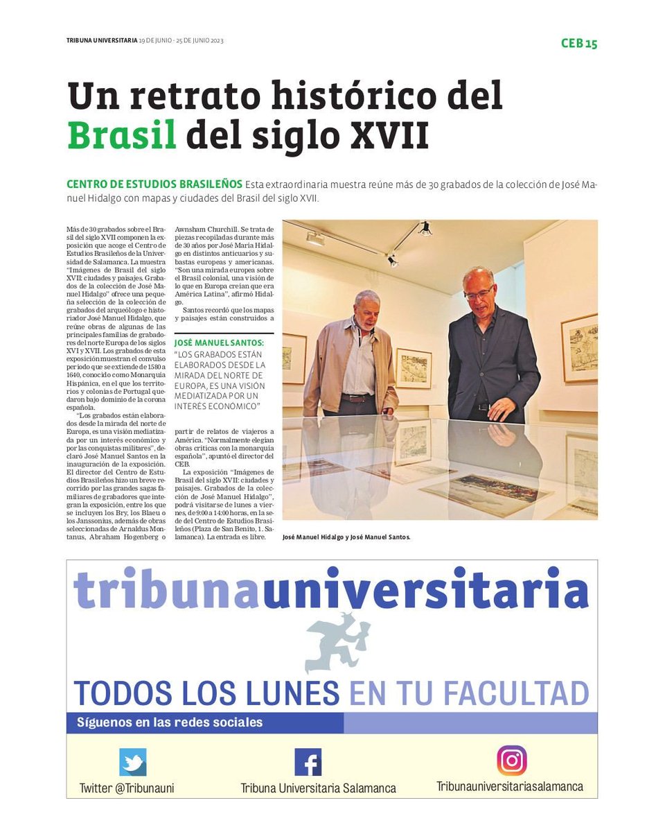 cebusal's tweet photo. El @TribunaUni de #Salamanca de esta semana, nos hacen un reportaje sobre la exposición de grabados exposición “Imágenes de Brasil del siglo XVII: ciudades y paisajes". que inaugurada en @cebusal @usal, y  expuesta hasta el día 30/06

Horario visita: lunes a viernes, de 09/14hs https://t.co/tzmRjZCpPN