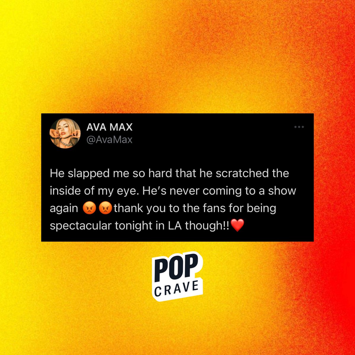 PopCrave's tweet photo. Ava Max gets injured on stage after a fan “slapped” her. https://t.co/BLVbXAhawE