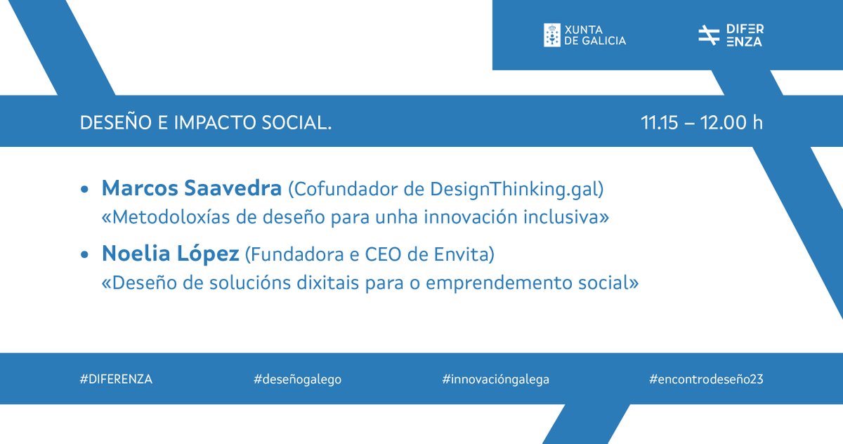 🎯A repercusión social do #deseño será un dos temas centrais do #encontrodeseño23 da <a href="/axenciaGAIN/">Axencia Galega de Innovación</a>, o 29 de xuño no CIS Tecnoloxía e Deseño (Ferrol).

Inscríbete para coñecer a experiencia de:
➡️<a href="/Dthinkingal/">DesignThinking.gal</a>
➡️<a href="/envitalifebook/">Envita</a>

🔗gain.xunta.gal/eventos/564/vi…  #DIFERENZA #deseñogalego