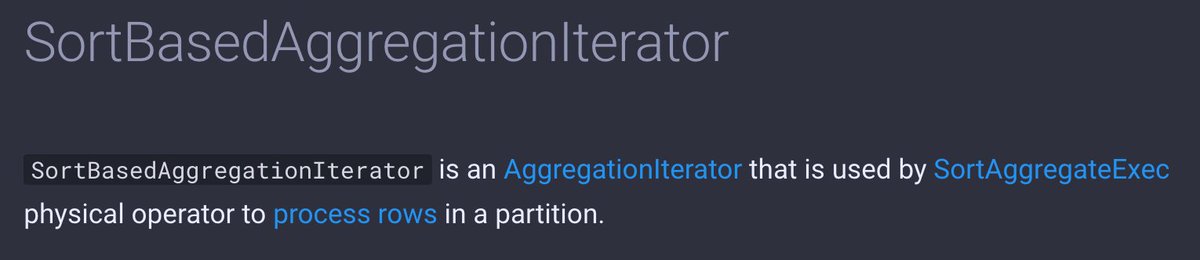 jaceklaskowski's tweet image. This should give you an idea of why SortBasedAggregationIterator is so important to the "slowest" SortAggregateExec operator
In other words, SortBasedAggregationIterator is SortAggregateExec
#ApacheSpark #SparkSQL